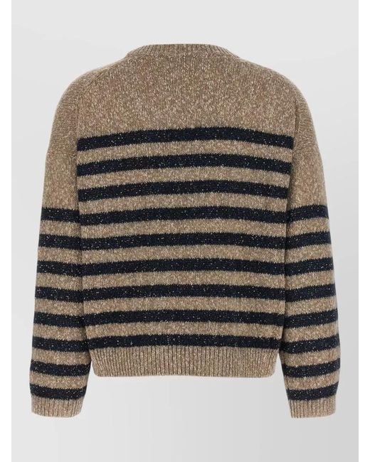 Brunello Cucinelli Gray Striped Sequin Knit Crew Neck Sweater
