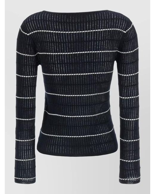 Max Mara Blue Silk Wool Ribbed Striped Boat Neck Long Sleeve Sweater