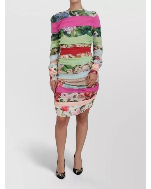 Dolce & Gabbana Red Silk Floral-Print Long-Sleeve Knee-Length Dress
