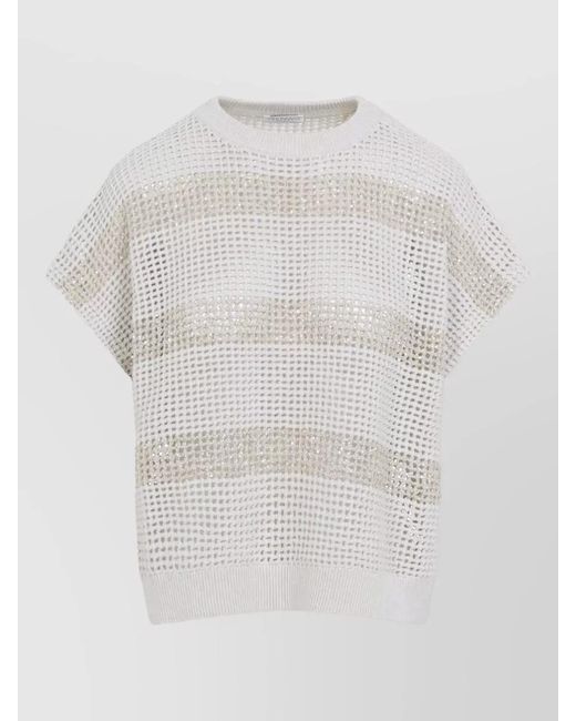 Brunello Cucinelli White Knit Top Short Sleeves Round Neck Striped