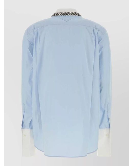 Prada Blue Jewel-Embellished Collar Cotton Shirt for men