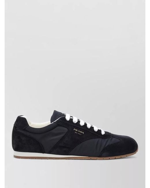 Prada Black Sneakers Round Toe Rubber Sole Suede Panels for men
