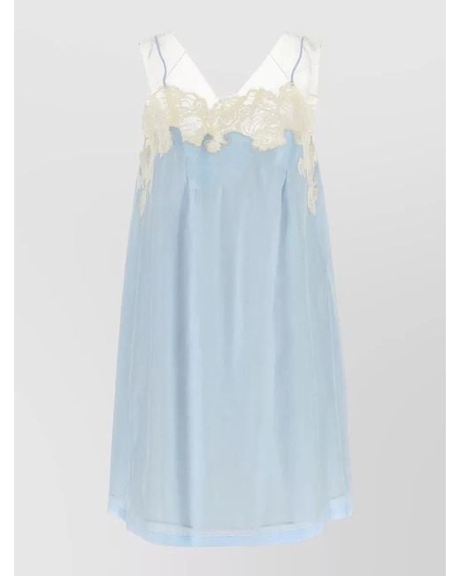Maison Margiela Blue Sleeveless V Neck Sheer Dress Lace Trim