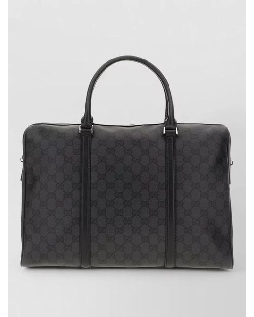 Gucci Black Leather Document Case Monogram Pattern Top Handles for men