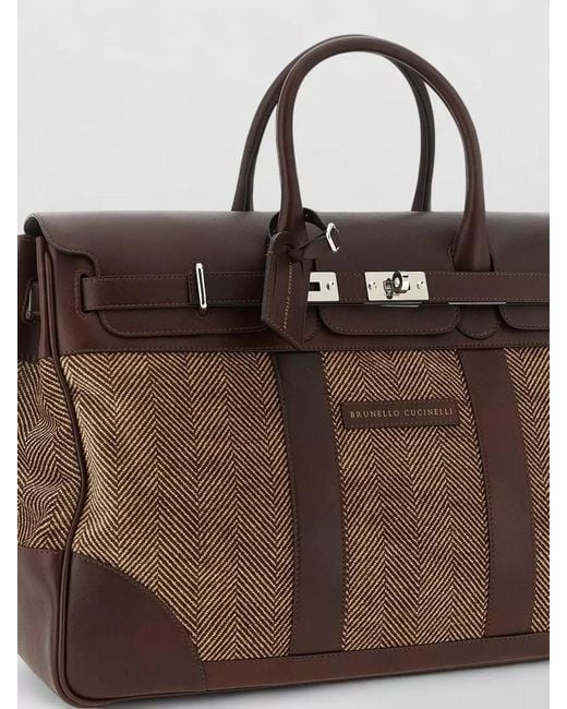 Brunello Cucinelli Brown Country Chevron Fabric Leather Travel Briefcase for men