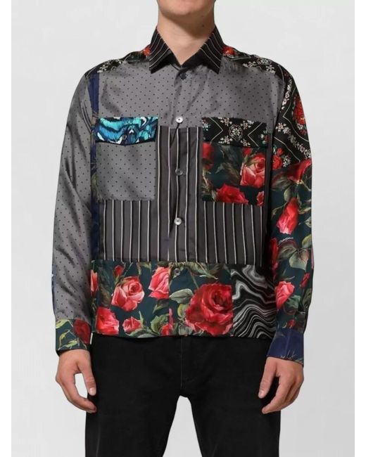 Dolce & Gabbana Gray Silk Patchwork Long-Sleeve Shirt for men