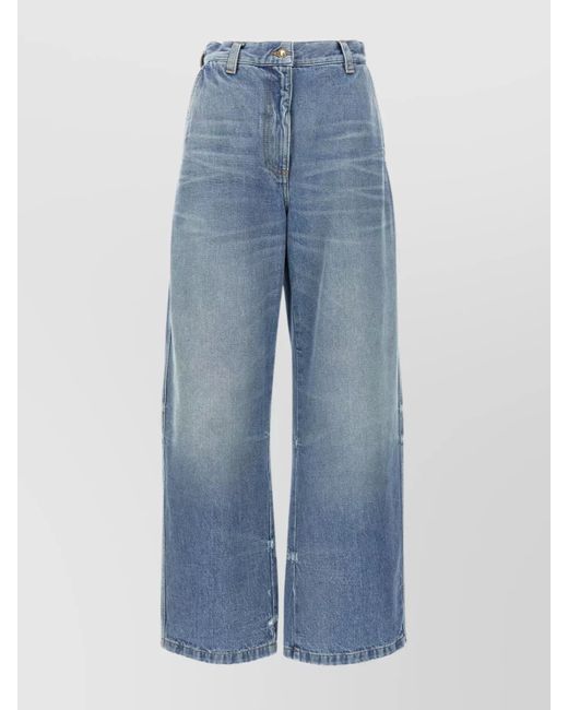 Palm Angels Women Light Blue High-Waisted Wide Jeans With Logo In Denim Woman