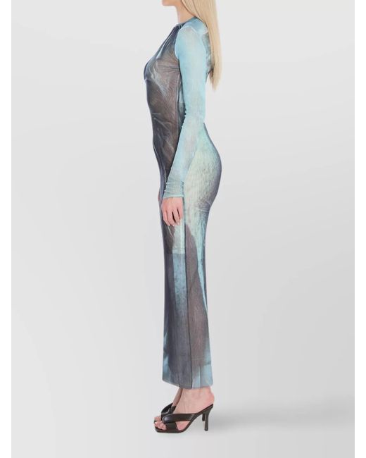 Jean Paul Gaultier Blue Water Printed Slim-Fit Long-Sleeve Maxi Dress