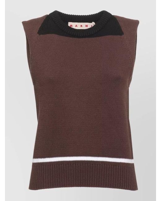 Marni Brown Round Neck Knit Top Ribbed Trims