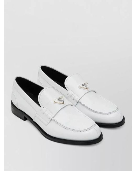 Prada White Loafers Round Toe Stitched Detailing Design