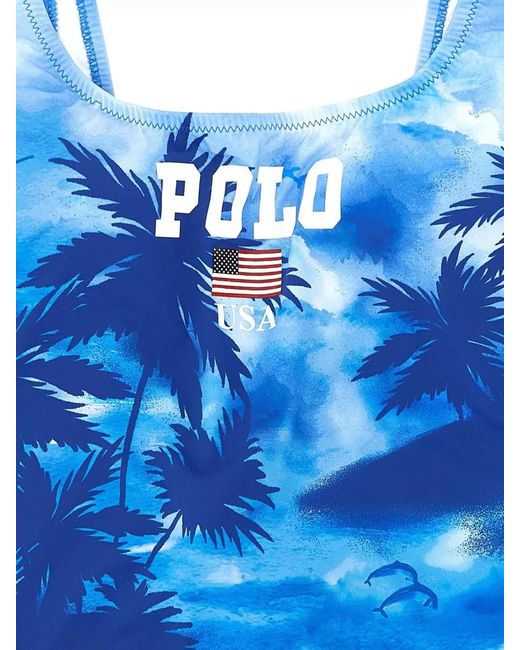 Polo Ralph Lauren Blue Tropical Print Racerback One Piece Swimsuit
