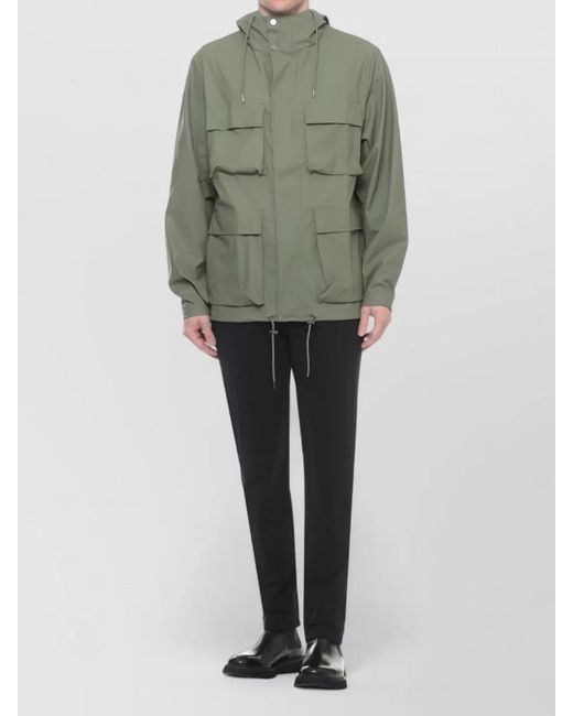 Rains Green Hooded Waterproof Jacket Long Sleeves Pockets Drawstring for men