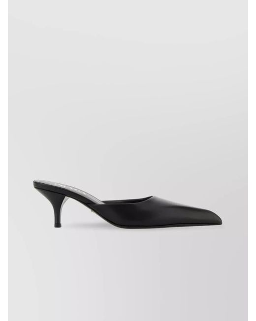 Prada Black Leather Mules With Kitten Heel And Pointed Toe