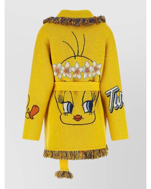 Alanui Yellow Virgin Wool Jacquard Belted Fringed Cardigan