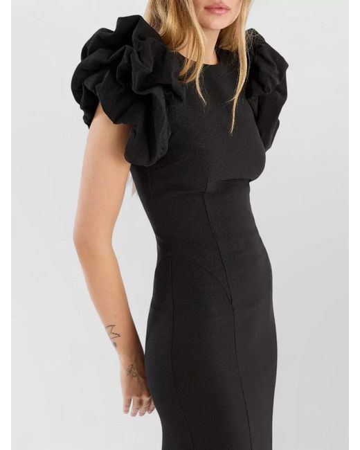 ROTATE BIRGER CHRISTENSEN Black Crepe Puff-Sleeve Fitted Midi Dress
