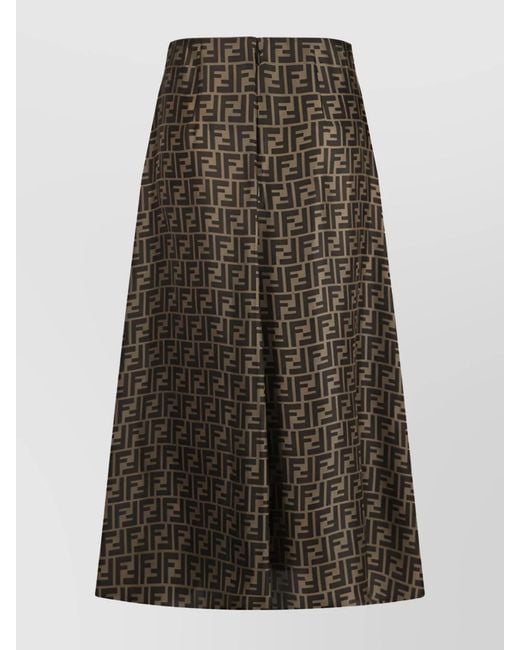 Fendi Brown Silk High-Rise Ff-Print Midi A-Line Skirt