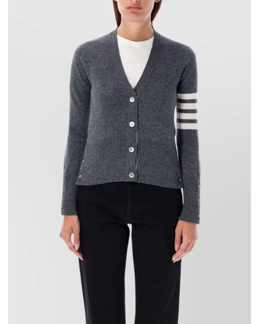 Thom Browne Blue V-Neck Cardigan With Ribbed Hem And Stripe Detail