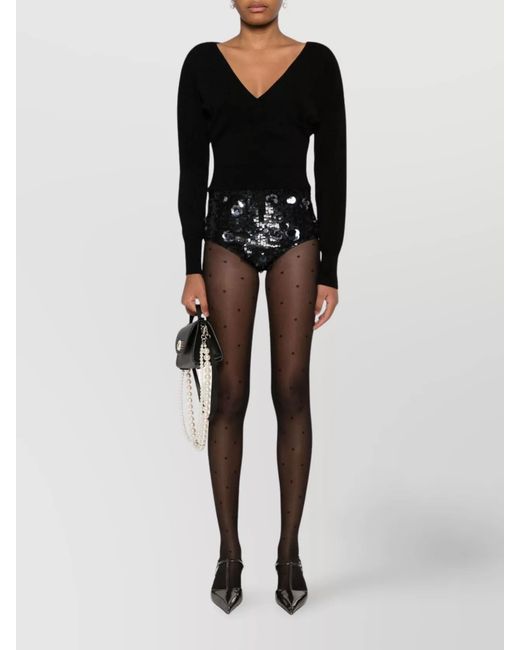 P.A.R.O.S.H. Black High-Rise Sequin-Embellished Floral-Appliqué Tailored Shorts
