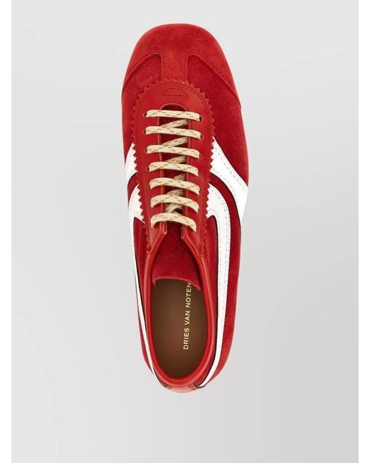 Dries Van Noten Red Suede Lace Up Sneakers Low Profile Stripes