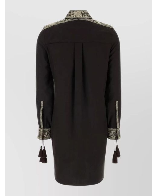 Burberry Black Silk Shirt Dress Embroidered Tassel Detail Long Sleeves