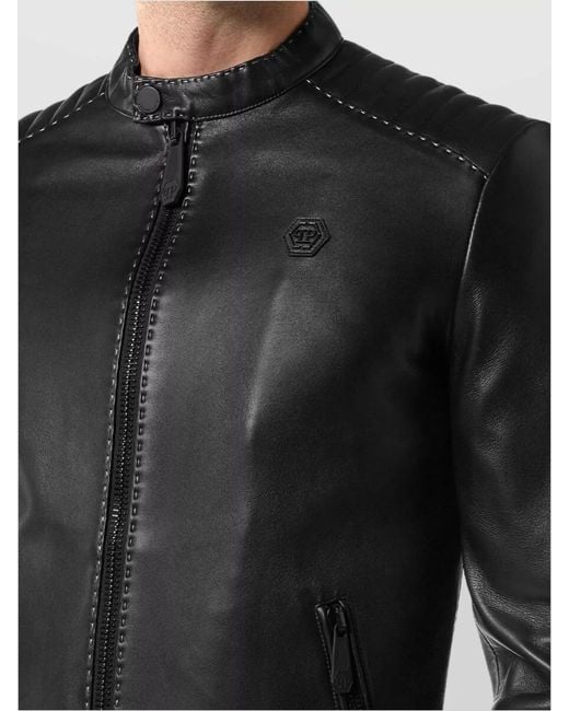 Philipp Plein Black Leather Biker Jacket for men