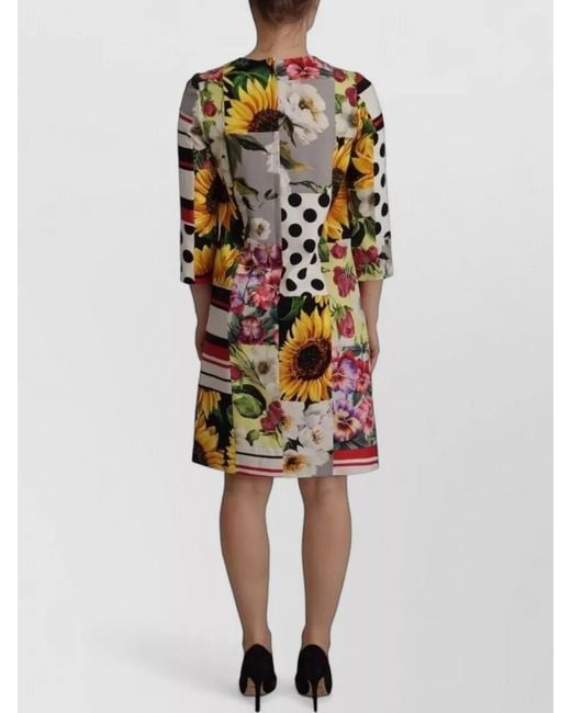 Dolce & Gabbana Gray Silk Floral Patchwork Knee-Length Dress