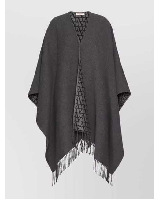 Valentino Gray Double Poncho With Fringed Detail Edge