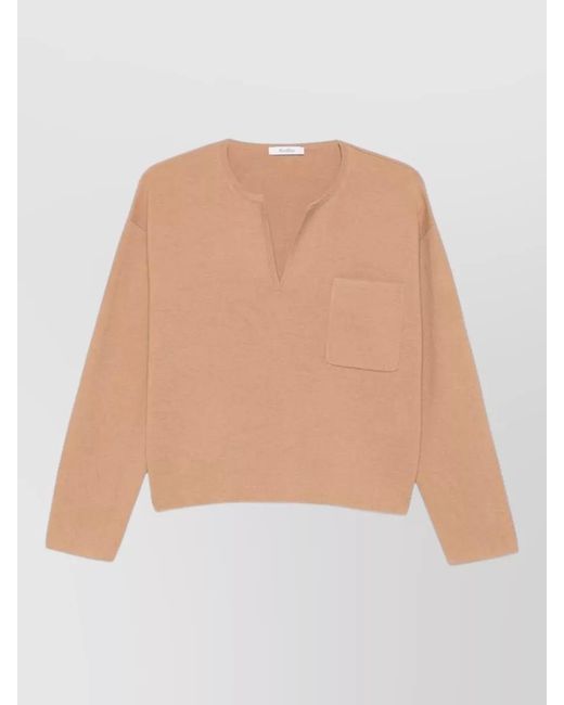 Max Mara Natural Knitwear V Neck Long Sleeve Chest Pocket