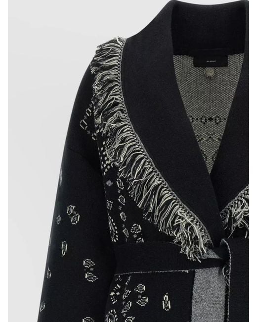 Alanui Black Bandana Knit Coat Belted Waist Fringe