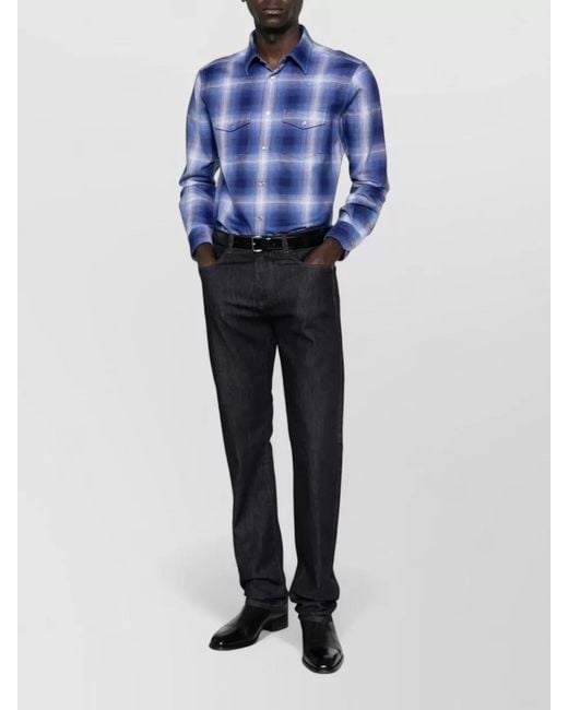 Tom Ford Blue Cotton Checked Slim-Fit Western Shirt for men