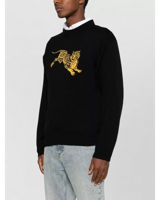 KENZO Black Tiger Motif Crew Neck Knit Sweater for men