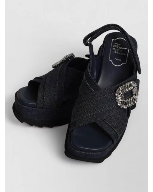 Roger Vivier Black Denim Wedge Sandals Platform Square Toe