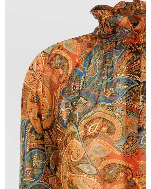 Etro Brown Sheer Chiffon Shirt Paisley Ruffle Neckline