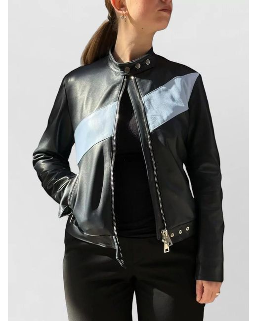LA ROSE Black Leather Bomber Jacket Color Block Design