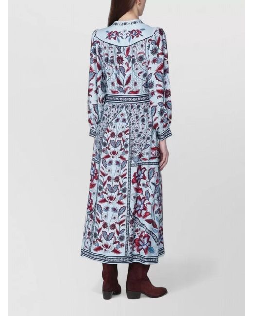 Farm Rio Blue Belted Floral Maxi Dress Long Sleeves V Neckline