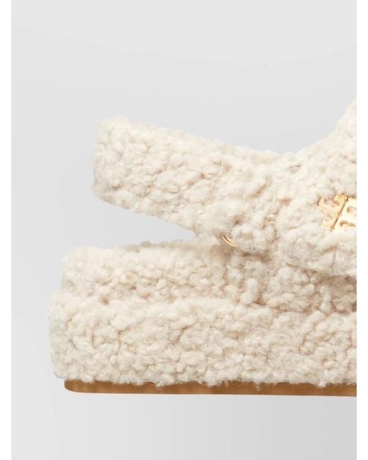 Tory Burch Natural Faux Shearling Double Strap Platform Sandals