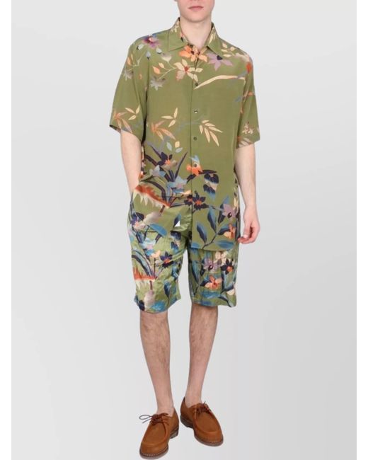 Etro Green Floral-Print Silk Short-Sleeve Shirt for men