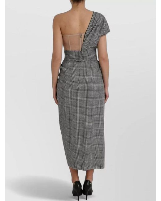 Dolce & Gabbana Gray Prince Of Wales Check One-Shoulder Asymmetric Midi Dress