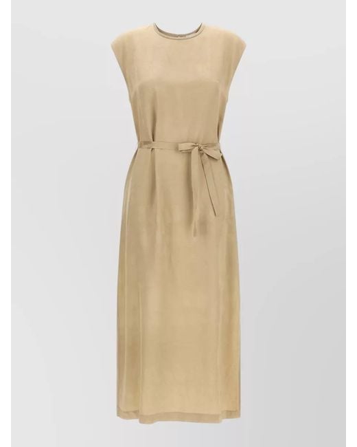 Peserico Natural Viscose Midi Dress Belted Waist Back Slit