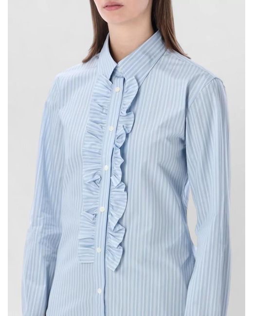 AMI Natural Striped Ruffled Long-Sleeve Cotton Shirt