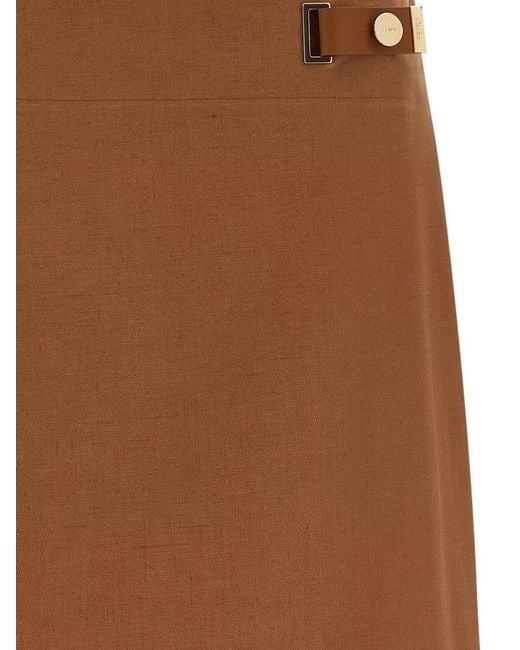 Fendi Brown Linen Skirt High Waist Belt Detail Slit