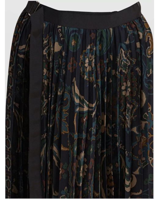 Sacai Black Floral-Print Pleated Skirt