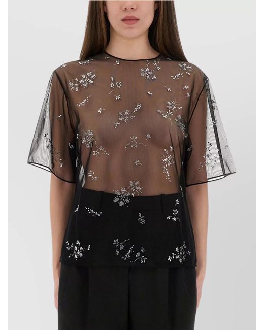 Rabanne Black Sheer Floral Embellished Short Sleeve Top