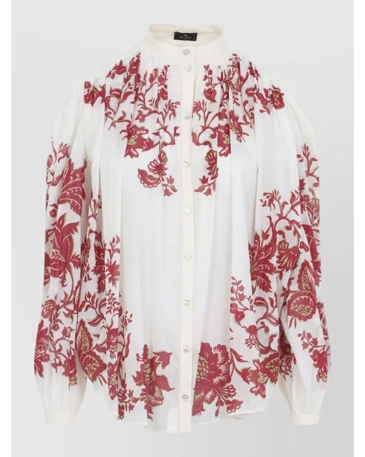 Etro Red Floral Print Pleated Cotton Blouse