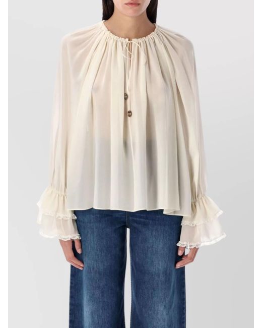 Loose White Cotton Blouse With Ruffles And Sheer Insets For Autumn Flowy Fit For Women main image 1