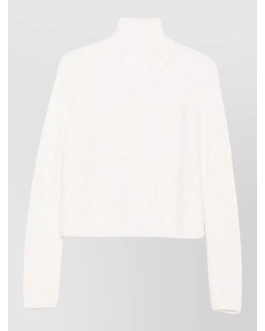 Lisa Yang White Cashmere Ribbed High Neck Zip-Up Cardigan