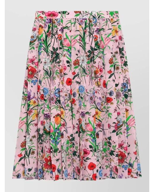 Gucci Red Floral Print High Waist Midi Pleated Skirt