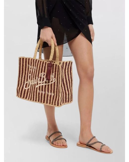 Mc2 Saint Barth Brown Colette Striped Raffia Handbag Logo Embroidery
