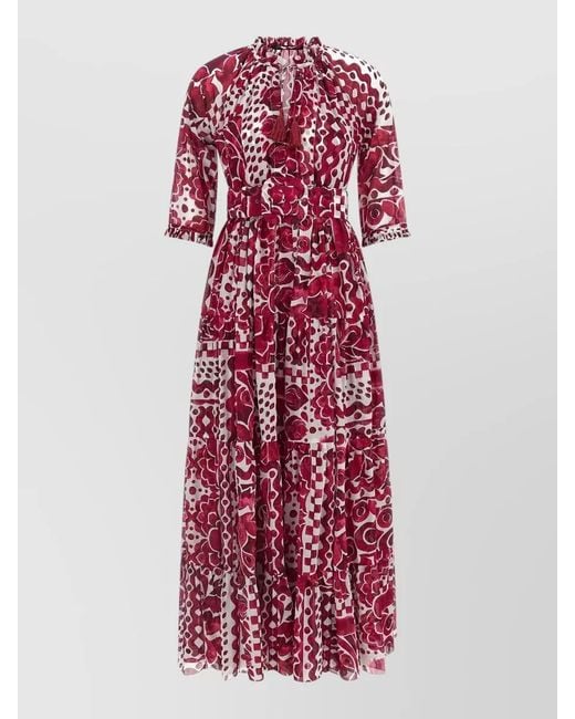Samantha Sung Red Eden Dress Belted Waist Floral Pattern