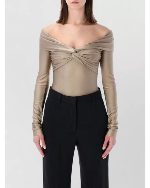 ANDAMANE Blue Off-Shoulder Draped Knot Long-Sleeve Bodysuit